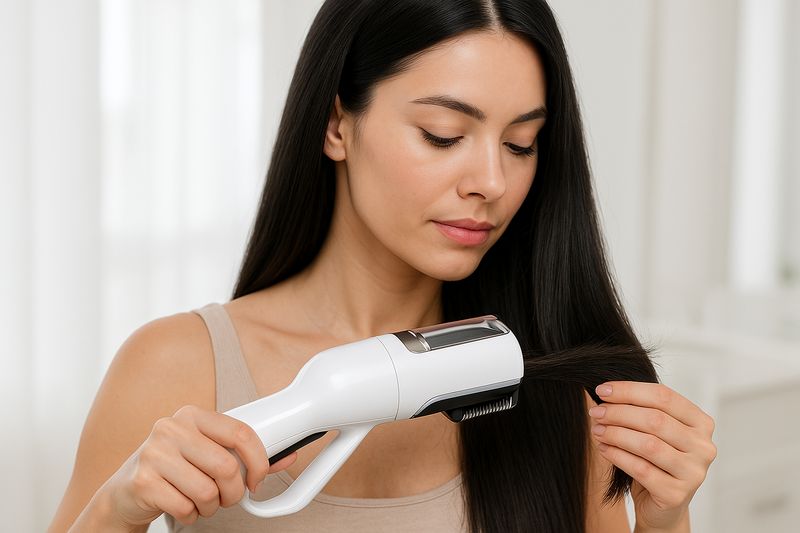 Mujer de pelo largo color negro utilizando el producto cortador de puntas quemadas. Te dejo el links del producto. https://app.dropi.cl/dashboard/product-details/20892/cepillo-cortador-de-puntas